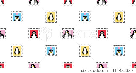 penguin seamless pattern stamp post mail bird cartoon doodle tile background gift wrapping paper repeat wallpaper illustration isolated design 111483380
