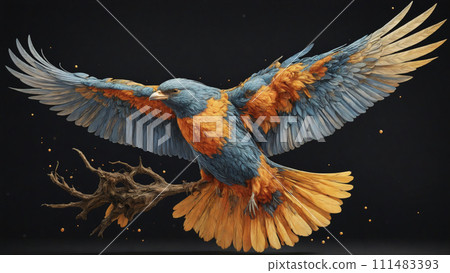 Very colorful and detailed illustration of a decorated bird spreading its wings while flying 111483393