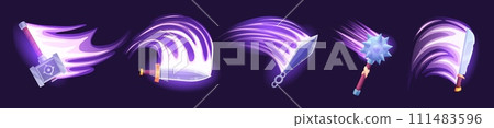 Medieval weapon attack effect. Swords and hammer with hit light effects. Game weapons in action, flash motions and punch nowaday vector set 111483596