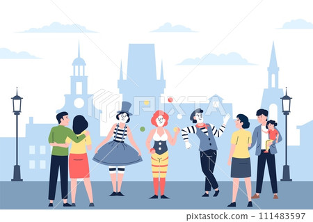 Street performance. Mimes, clown and unlookers. Children and parents look on open space entertainment. Comedian actors in amusement park, recent vector scene 111483597