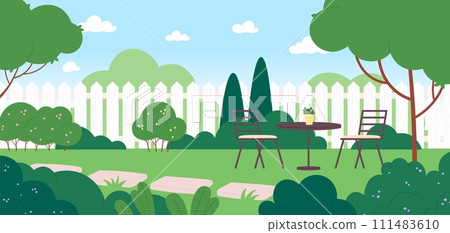 Backyard landscape. Private garden with chairs and table. Bbq place, rest and recreation at home. Wooden fence protection, racy vector illustration Backyard landscape. Private garden with chairs and table. Bbq place, rest and recreation at home. Wooden fence protection, racy vector illustration 111483610