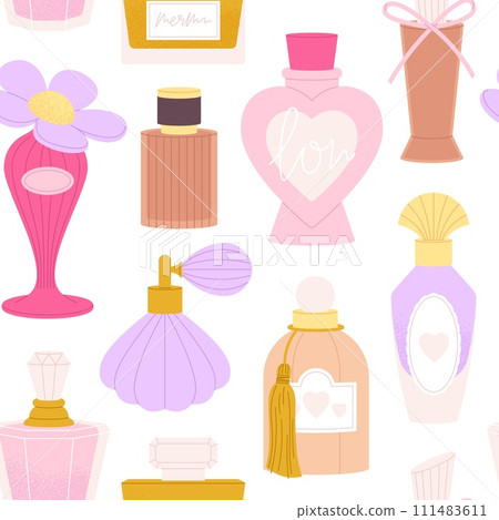 Bottles perfume seamless pattern. Beauty glass flasks, aromatic water in fashion bottle and vials. Cosmetic fabric print design, racy vector background 111483611