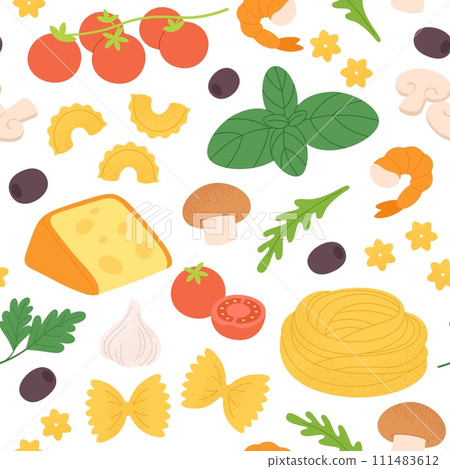 Italian pasta pattern. Fresh raw ingredients, food for prepare noodle or pizza. Cheese and vegetables, green and olive. Racy fabric print vector template 111483612