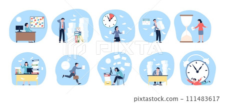 Deadline office work. Manager run, administrator working with papers and looking on clock. Paper piles, folders stacks, corporate stress recent vector scenes 111483617