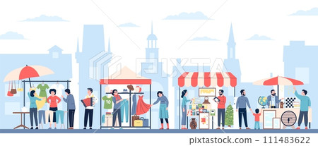 Garage sale event. Urban outdoor flea market. People sell used different things, furniture and home accessories. Seller and customer, recent vector scene 111483622