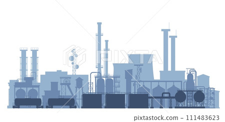 Factory silhouettes landscape. Gas, fuel or oil production. Cisterns and pipes, giant industrial complex. Isolated flat factories, recent vector banner 111483623