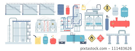 Gas petroleum and fuel storages. Balloons propane, cylinders and canisters. Industrial petroleum elements, fabric and stations, recent vector set Gas petroleum and fuel storages. Balloons propane, cylinders and canisters. Industrial petroleum elements, fabric and stations, recent vector set 111483626