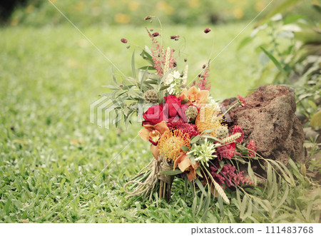 Wedding flowers, bridal bouquet closeup. Decoration made of roses, peonies and decorative plants 111483768
