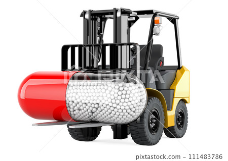 Forklift truck with medicament capsule, 3D rendering Forklift truck with medicament capsule, 3D rendering 111483786