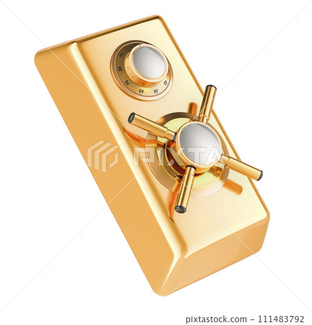 Golden ingot with safe combination lock and metal handle safe. Protection and security, concept. 3D rendering 111483792