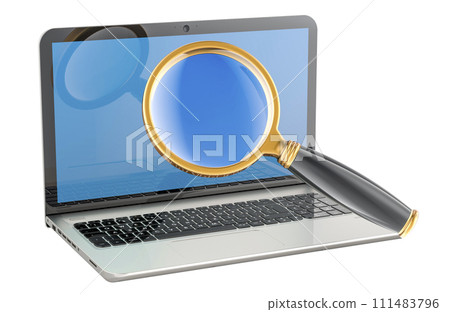 Laptop with magnifier glass, 3D rendering 111483796