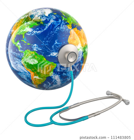 Stethoscope with Earth Globe. Global healthcare. World Health Day, concept. 3D rendering 111483805