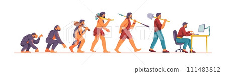 Businessman evolution stages. Human ancestor darwin theory, monkey evolve to ancient man and wealthy capitalist computer worker, history mankind progress recent vector illustration Businessman evolution stages. Human ancestor darwin theory, monkey evolve to ancient man and wealthy capitalist computer worker, history mankind progress recent vector illustration 111483812