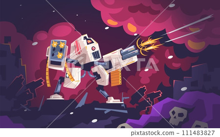 Robot battle. Alien robots war, mech warrior battling future cartoon space game, strong military hero with army weapon, cyborg armor soldier 111483827