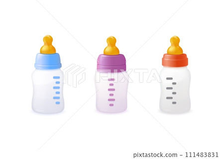 3d feeding bottle. Plastic baby bottle cup with nipple for newborns milk eating, toddler or babies children dairy nutrition, infant kids feed realistic exact vector illustration 3d feeding bottle. Plastic baby bottle cup with nipple for newborns milk eating, toddler or babies children dairy nutrition, infant kids feed realistic exact vector illustration 111483831