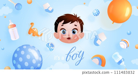 3d baby boy shower. Birth newborn greeting cute background, birthday celebrate banner design template, realistic kids decoration babies 3d baby boy shower. Birth newborn greeting cute background, birthday celebrate banner design template, realistic kids decoration babies 111483832