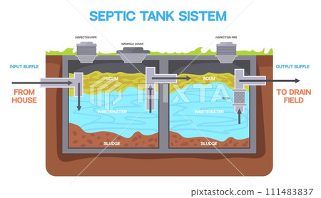 Septic tank system. Underground sewer construction, sludge water storage pollution plumbing pipe of house toilet, wastewater treatment infographic diagram, neat vector illustration Septic tank system. Underground sewer construction, sludge water storage pollution plumbing pipe of house toilet, wastewater treatment infographic diagram, neat vector illustration 111483837