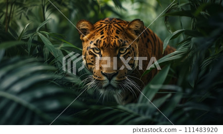 Enigmatic big cats prowling through dense jungle undergrowth, their stealthy movements a testament to their wild spirit 111483920
