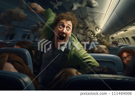 AI-generated content. Startling Image of Man on Airplane With Wide Open Mouth. Generative AI. AI-generated content. Startling Image of Man on Airplane With Wide Open Mouth. Generative AI. 111484006