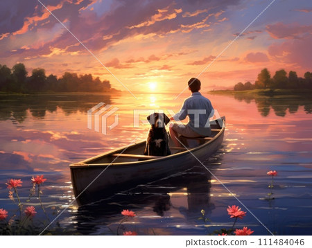 AI-generated content. Man and Dog in Canoe Painting. Generative AI. 111484046