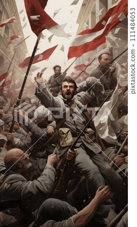 AI-generated content. A Painting of a Mutiny With Men Holding Flags. Generative AI. 111484053