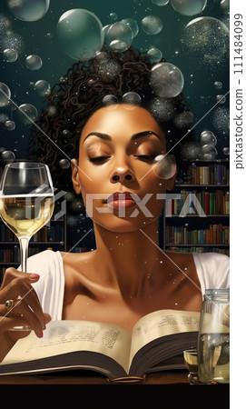 AI-generated content. Woman Sitting at Table With Book and Glass of Wine. Generative AI. 111484099