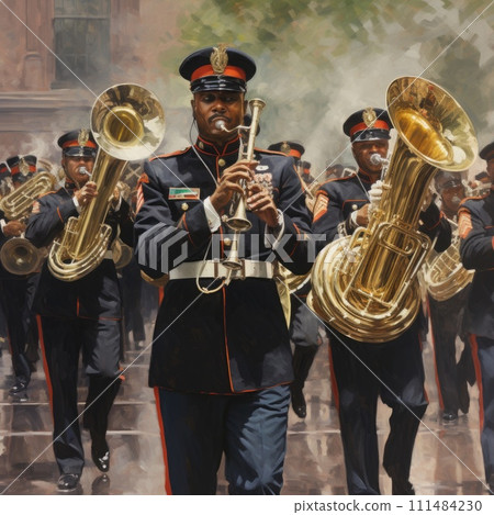 AI-generated content. Military Parade: Group of Men in Uniform Marching Through a Street. Generative AI. 111484230