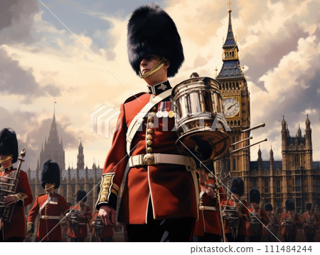 AI-generated content. Group of Men in Uniform Standing in Front of Clock Tower. Generative AI. 111484244