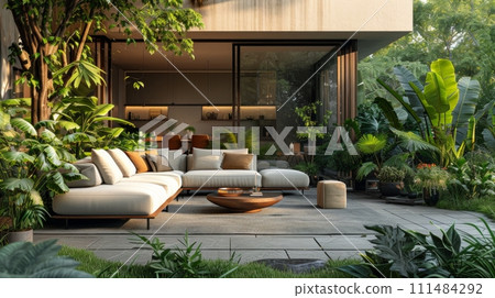 Charming outdoor patio with comfortable seating and lush greenery, ideal for alfresco dining and relaxation 111484292