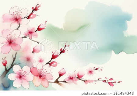 Cherry blossom flower blooming. Pink sakura flower background. Pink cherry blossom, isolated Sakura tree branch. For card, banner, invitation, social media post, poster, mobile apps, advertising. 111484348