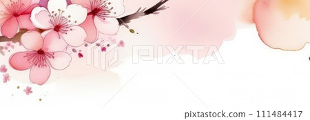 Cherry blossom flower blooming. Pink sakura flower background. Pink cherry blossom, isolated Sakura tree branch. For card, banner, invitation, social media post, poster, mobile apps, advertising. 111484417