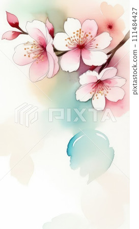 Cherry blossom flower blooming. Pink sakura flower background. Pink cherry blossom, isolated Sakura tree branch. For card, banner, invitation, social media post, poster, mobile apps, advertising. 111484427