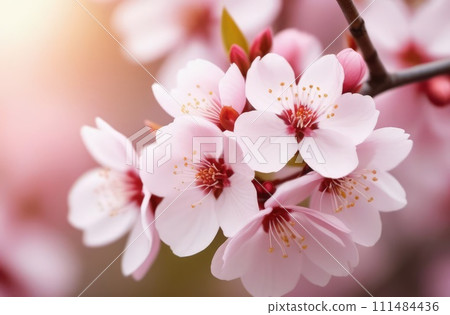 Cherry blossom flower blooming. Pink sakura flower background. Pink cherry blossom, isolated Sakura tree branch. For card, banner, invitation, social media post, poster, mobile apps, advertising. Cherry blossom flower blooming. Pink sakura flower background. Pink cherry blossom, isolated Sakura tree branch. For card, banner, invitation, social media post, poster, mobile apps, advertising. 111484436