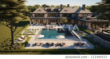 AI-generated content. Aerial View of Spacious House With Pool. Generative AI. 111484521