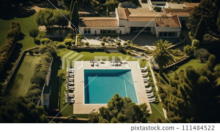 AI-generated content. Aerial View of a Spacious House With Swimming Pool. Generative AI. 111484522