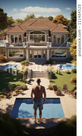 AI-generated content. Man Standing in Front of a Grand Mansion. Generative AI. 111484528