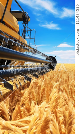 AI-generated content. Large Yellow Combine Harvesting Wheat in a Field. Generative AI. 111484559