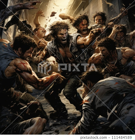 AI-generated content. Group of Zombies Attacking Man in Tunnel During Street Fight. Generative AI. 111484589