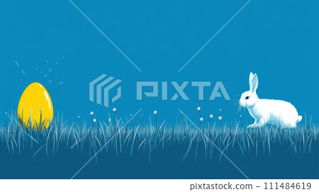 Minimalistic Easter banner with white bunny on left, shiny yellow egg on right on blue background. Copy space Minimalistic Easter banner with white bunny on left, shiny yellow egg on right on blue background. Copy space 111484619