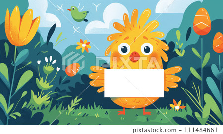 Cartoon illustration of cheerful chicken holding blank card in bright spring setting, ideal for Easter greetings. Mockup 111484661