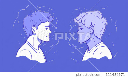 Two men facing each other, in monochromatic shades of blue in a tense interpersonal dynamic. Their facial expressions convey a sense of emotional standoff and charged atmosphere. Two men facing each other, in monochromatic shades of blue in a tense interpersonal dynamic. Their facial expressions convey a sense of emotional standoff and charged atmosphere. 111484671
