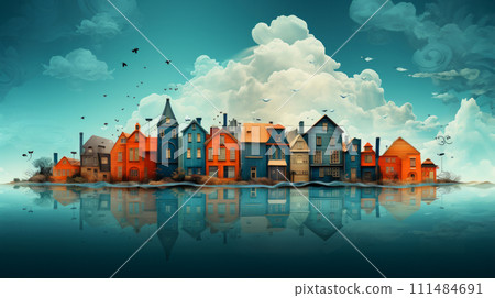 Illustraition of row of vibrant, colorful fantasy houses reflecting on water with whimsical blue sky. Charm beauty of coastal towns or villages. Fantasy and gaming background, banner with copy space 111484691