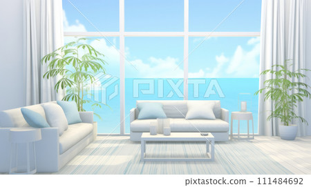 A bright, seaside modern living room in natural light, with white furniture overlooking tranquil ocean view through the large window. Peaceful and airy atmosphere 111484692