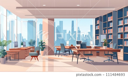 A spacious, modern stylish office interior with a panoramic cityscape view of the city skyline at sunny day 111484693