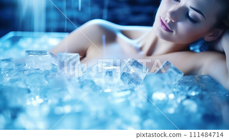 Woman Relaxing in Ice bath. Serene female immersing in a bathtub filled with ice cubes. Cryotherapy for health 111484714