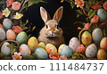A bunny sits among Painted Easter eggs surrounded by springtime flowers on dark background 111484737