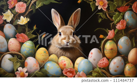 A bunny sits among Painted Easter eggs surrounded by springtime flowers on dark background A bunny sits among Painted Easter eggs surrounded by springtime flowers on dark background 111484737