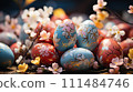 Beautifully decorated Easter eggs nestled among cherry blossoms, symbolizing spring's renewal. 111484746