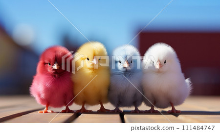Colorful Chicks Row on Wooden Surface, row of dyed, fluffy chicks in vibrant colors, red,yellow, blue, white, standing on a wooden plank with a blurred background. Colorful Chicks Row on Wooden Surface, row of dyed, fluffy chicks in vibrant colors, red,yellow, blue, white, standing on a wooden plank with a blurred background. 111484747