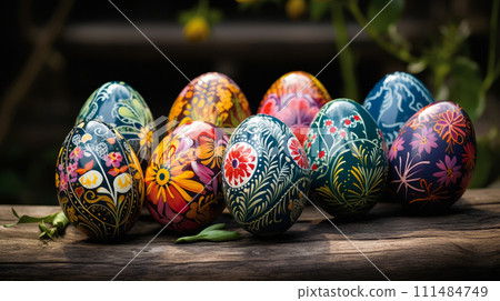 Artistic Easter Eggs on Rustic Wood. A vivid array of hand-painted Easter eggs on a rural wooden surface, showcasing folk art. Easter spring decoration Artistic Easter Eggs on Rustic Wood. A vivid array of hand-painted Easter eggs on a rural wooden surface, showcasing folk art. Easter spring decoration 111484749